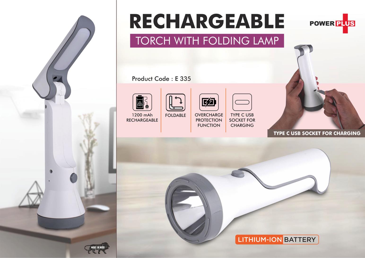 e335 Rechargeable Torch with Folding Lamp