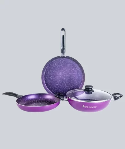 WONDERCHEF - Platinum Non-stick Cookware Set, 4Pc (Wok with Lid, Fry Pan, Dosa Tawa), Purple