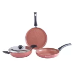 WONDERCHEF - Platinum Plus Non-stick Cookware Set, 4Pc (Kadhai with Lid, Fry Pan, Dosa Tawa), Brick Red