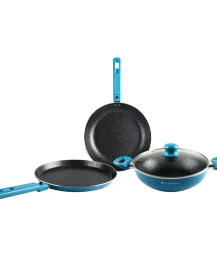 WONDERCHEF - Power Non-Stick Cookware 4 Piece Set, Kadhai with Glass Lid 2.6L, Blue