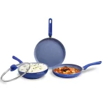 WONDERCHEF - Royal Velvet Non-stick Cookware Set, 4Pc (Fry Pan with Lid, Wok, Dosa Tawa), Blue