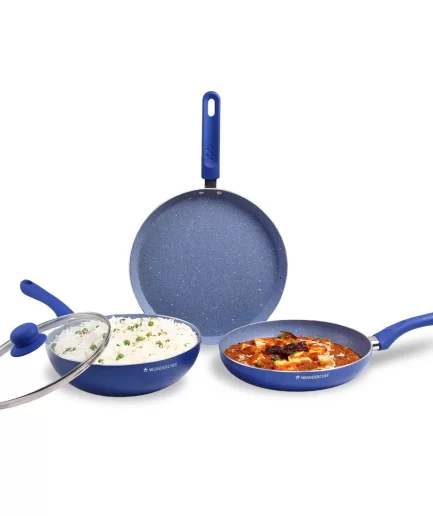 WONDERCHEF - Royal Velvet Non-stick Cookware Set, 4Pc (Fry Pan with Lid, Wok, Dosa Tawa), Blue