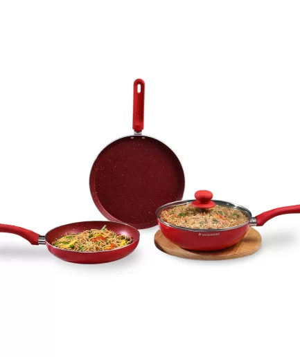 WONDERCHEF - Royal Velvet Non-stick Cookware Set, 4Pc (Fry Pan with Lid, Wok, Dosa Tawa), Red