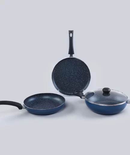WONDERCHEF - Sigma Non-stick Cookware Set, 4Pc (Kadhai with Lid, Dosa Tawa, Fry Pan), Midnight Blue