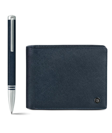 Sheaf-fer - Lapis Bard Gift Set Torque Artis Leather Ballpoint Pen and Stanford Saffiano Blue Wallet - Navy with Chrome Trims