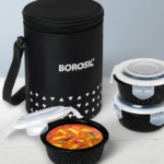 Borosil Kube Black Glass Lunch Box, Round x 3 (Tall)
