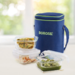 Borosil Blue Glass Lunchbox, Square x 3