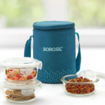 Borosil Teal Glass Lunchbox, Round x 3